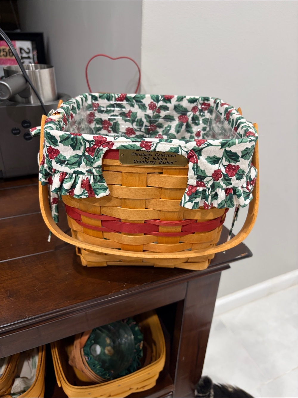 Longaberger Cranberry-Trimmed Holiday Basket with Holly Liner